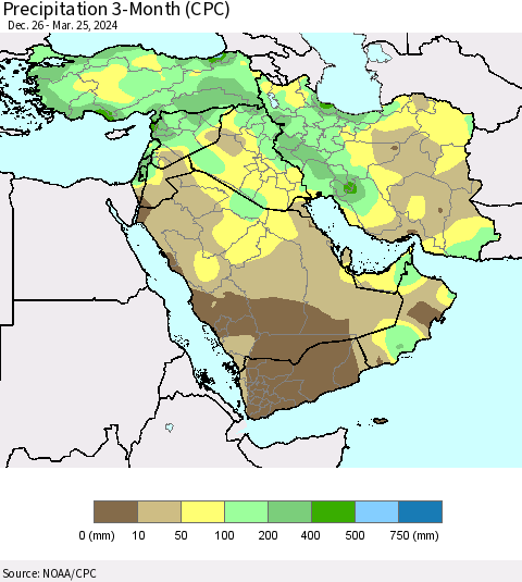 Middle East and Turkey Precipitation 3-Month (CPC) Thematic Map For 12/26/2023 - 3/25/2024