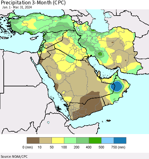Middle East and Turkey Precipitation 3-Month (CPC) Thematic Map For 1/1/2024 - 3/31/2024