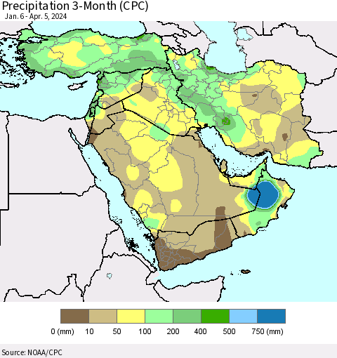 Middle East and Turkey Precipitation 3-Month (CPC) Thematic Map For 1/6/2024 - 4/5/2024