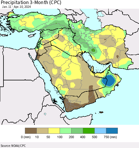 Middle East and Turkey Precipitation 3-Month (CPC) Thematic Map For 1/11/2024 - 4/10/2024