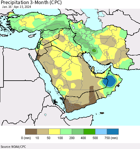 Middle East and Turkey Precipitation 3-Month (CPC) Thematic Map For 1/16/2024 - 4/15/2024