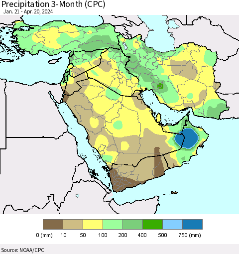 Middle East and Turkey Precipitation 3-Month (CPC) Thematic Map For 1/21/2024 - 4/20/2024