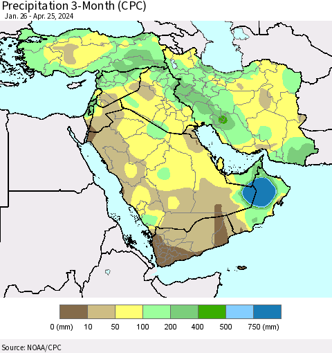 Middle East and Turkey Precipitation 3-Month (CPC) Thematic Map For 1/26/2024 - 4/25/2024