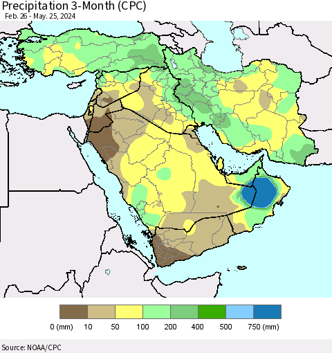 Middle East and Turkey Precipitation 3-Month (CPC) Thematic Map For 2/26/2024 - 5/25/2024