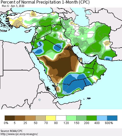 Middle East and Turkey Percent of Normal Precipitation 1-Month (CPC) Thematic Map For 3/6/2020 - 4/5/2020