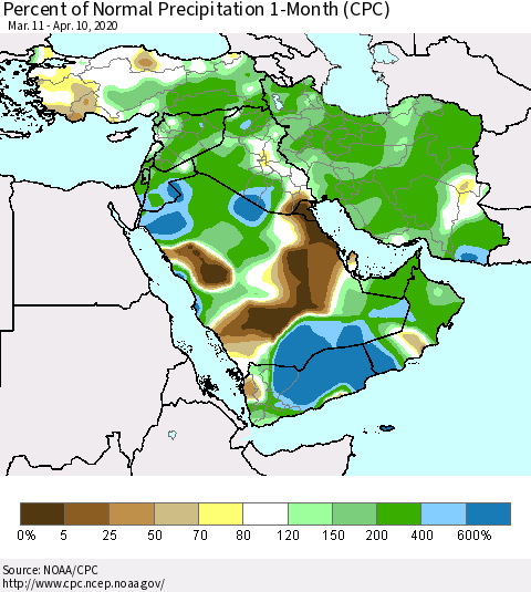 Middle East and Turkey Percent of Normal Precipitation 1-Month (CPC) Thematic Map For 3/11/2020 - 4/10/2020