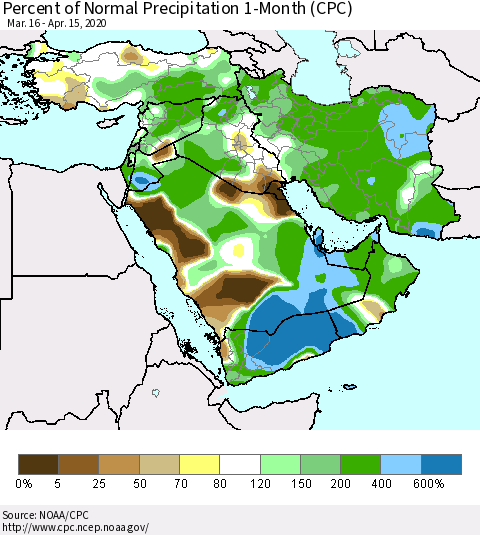Middle East and Turkey Percent of Normal Precipitation 1-Month (CPC) Thematic Map For 3/16/2020 - 4/15/2020