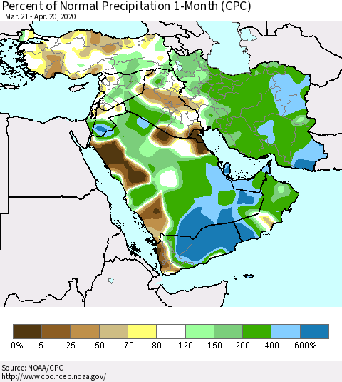 Middle East and Turkey Percent of Normal Precipitation 1-Month (CPC) Thematic Map For 3/21/2020 - 4/20/2020
