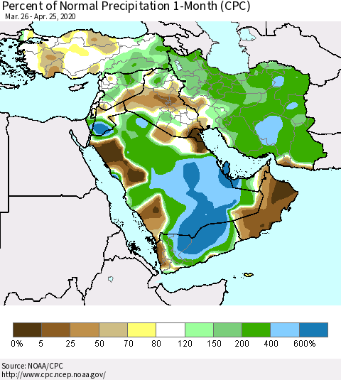 Middle East and Turkey Percent of Normal Precipitation 1-Month (CPC) Thematic Map For 3/26/2020 - 4/25/2020