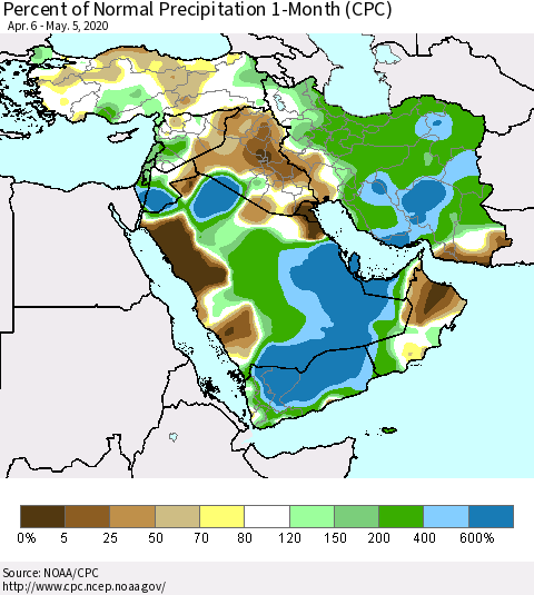 Middle East and Turkey Percent of Normal Precipitation 1-Month (CPC) Thematic Map For 4/6/2020 - 5/5/2020