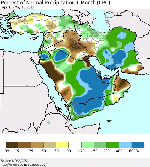 Middle East and Turkey Percent of Normal Precipitation 1-Month (CPC) Thematic Map For 4/11/2020 - 5/10/2020