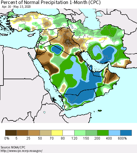 Middle East and Turkey Percent of Normal Precipitation 1-Month (CPC) Thematic Map For 4/16/2020 - 5/15/2020