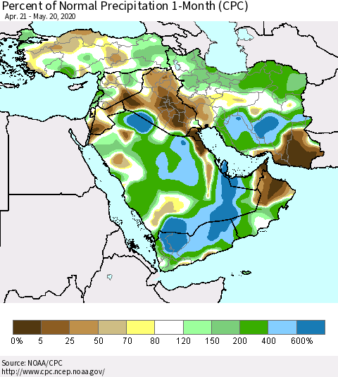 Middle East and Turkey Percent of Normal Precipitation 1-Month (CPC) Thematic Map For 4/21/2020 - 5/20/2020