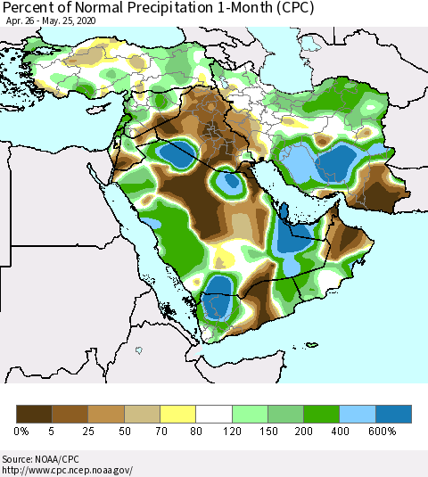 Middle East and Turkey Percent of Normal Precipitation 1-Month (CPC) Thematic Map For 4/26/2020 - 5/25/2020