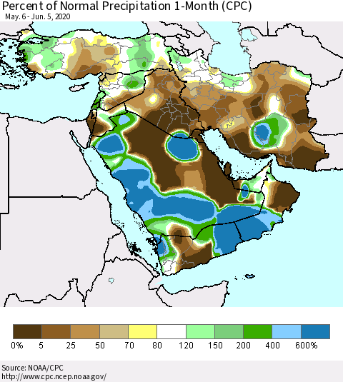 Middle East and Turkey Percent of Normal Precipitation 1-Month (CPC) Thematic Map For 5/6/2020 - 6/5/2020