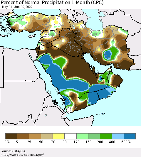 Middle East and Turkey Percent of Normal Precipitation 1-Month (CPC) Thematic Map For 5/11/2020 - 6/10/2020