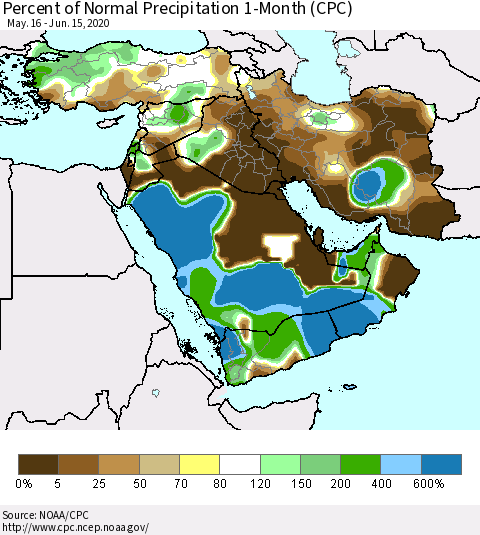 Middle East and Turkey Percent of Normal Precipitation 1-Month (CPC) Thematic Map For 5/16/2020 - 6/15/2020