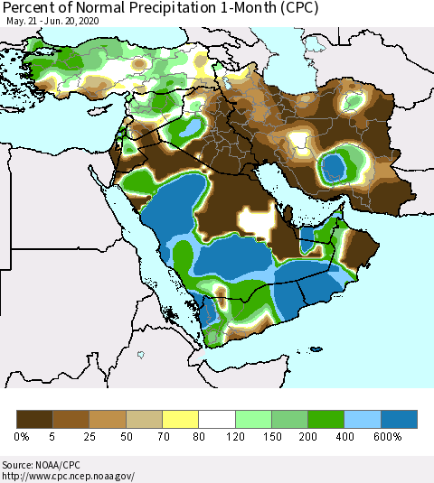 Middle East and Turkey Percent of Normal Precipitation 1-Month (CPC) Thematic Map For 5/21/2020 - 6/20/2020