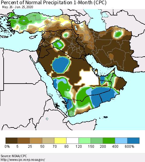 Middle East and Turkey Percent of Normal Precipitation 1-Month (CPC) Thematic Map For 5/26/2020 - 6/25/2020