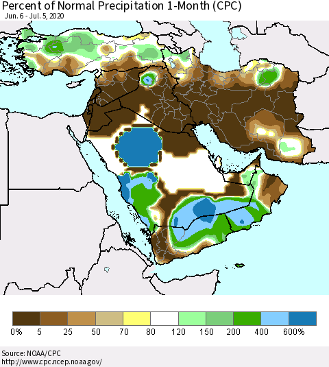 Middle East and Turkey Percent of Normal Precipitation 1-Month (CPC) Thematic Map For 6/6/2020 - 7/5/2020