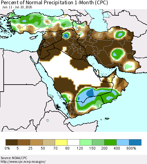 Middle East and Turkey Percent of Normal Precipitation 1-Month (CPC) Thematic Map For 6/11/2020 - 7/10/2020
