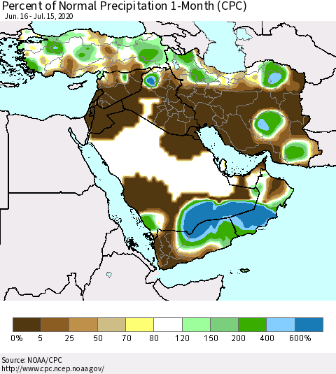 Middle East and Turkey Percent of Normal Precipitation 1-Month (CPC) Thematic Map For 6/16/2020 - 7/15/2020
