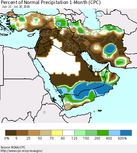 Middle East and Turkey Percent of Normal Precipitation 1-Month (CPC) Thematic Map For 6/21/2020 - 7/20/2020