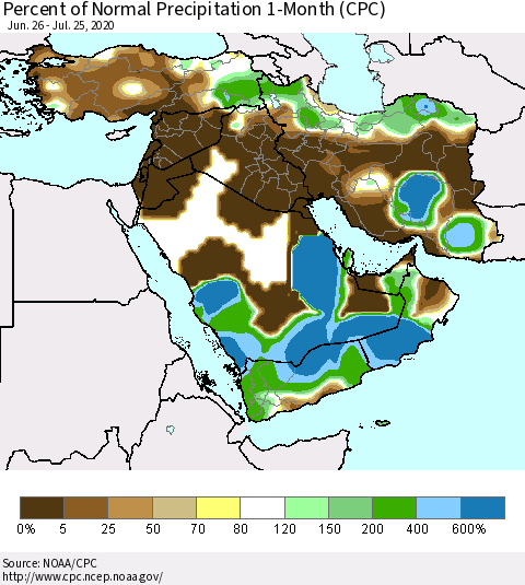 Middle East and Turkey Percent of Normal Precipitation 1-Month (CPC) Thematic Map For 6/26/2020 - 7/25/2020