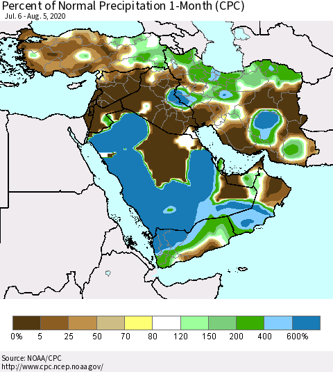 Middle East and Turkey Percent of Normal Precipitation 1-Month (CPC) Thematic Map For 7/6/2020 - 8/5/2020