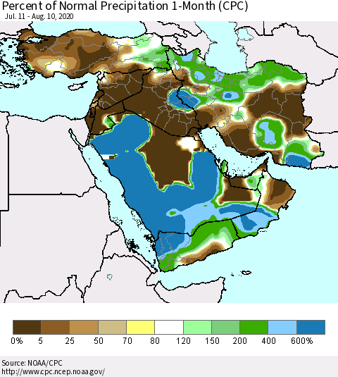 Middle East and Turkey Percent of Normal Precipitation 1-Month (CPC) Thematic Map For 7/11/2020 - 8/10/2020