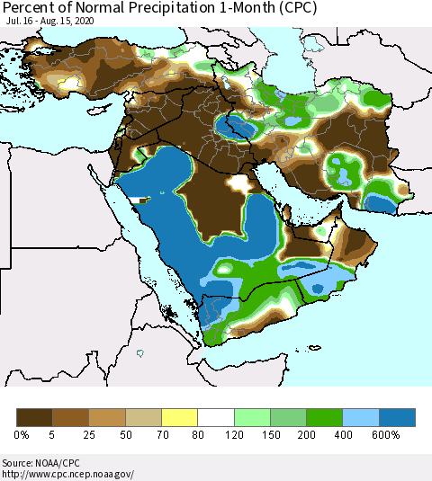 Middle East and Turkey Percent of Normal Precipitation 1-Month (CPC) Thematic Map For 7/16/2020 - 8/15/2020