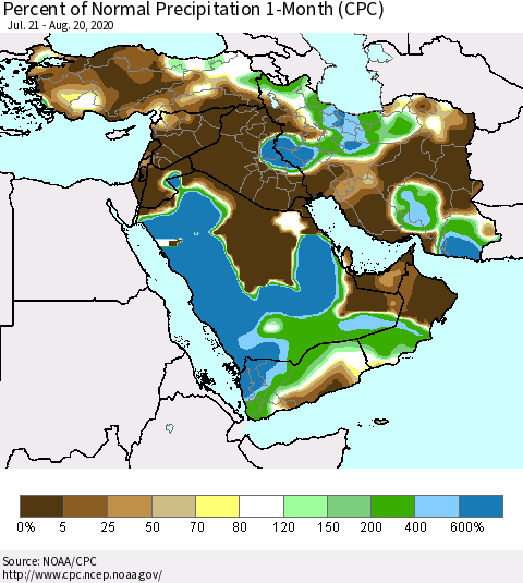 Middle East and Turkey Percent of Normal Precipitation 1-Month (CPC) Thematic Map For 7/21/2020 - 8/20/2020