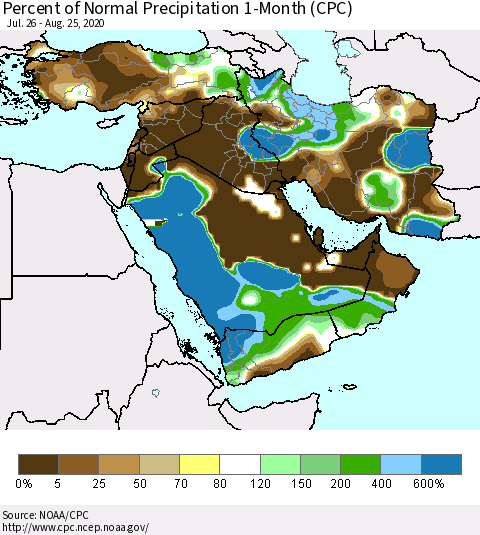 Middle East and Turkey Percent of Normal Precipitation 1-Month (CPC) Thematic Map For 7/26/2020 - 8/25/2020