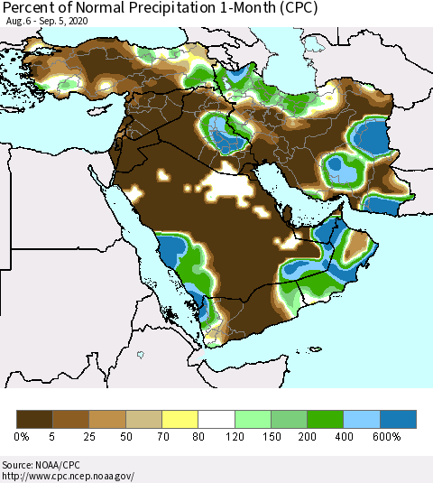 Middle East and Turkey Percent of Normal Precipitation 1-Month (CPC) Thematic Map For 8/6/2020 - 9/5/2020