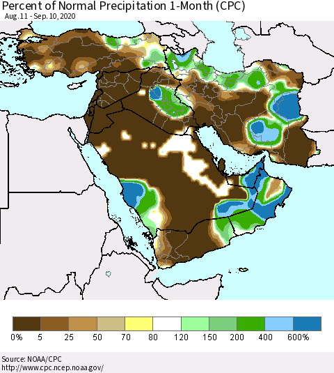 Middle East and Turkey Percent of Normal Precipitation 1-Month (CPC) Thematic Map For 8/11/2020 - 9/10/2020