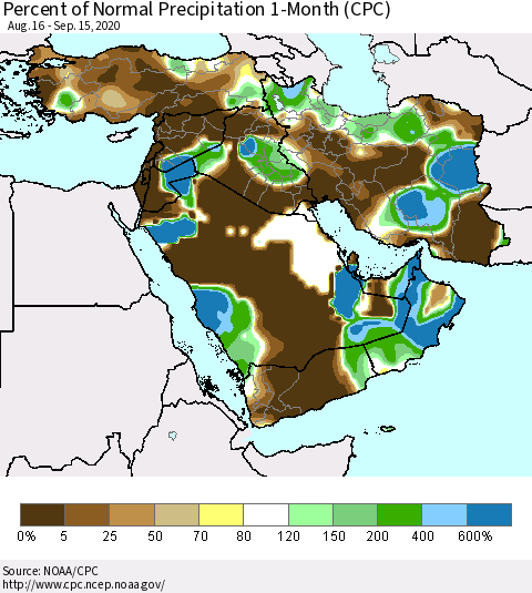 Middle East and Turkey Percent of Normal Precipitation 1-Month (CPC) Thematic Map For 8/16/2020 - 9/15/2020