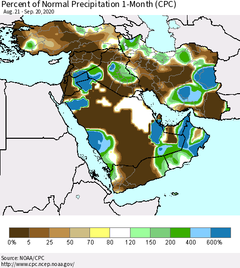 Middle East and Turkey Percent of Normal Precipitation 1-Month (CPC) Thematic Map For 8/21/2020 - 9/20/2020