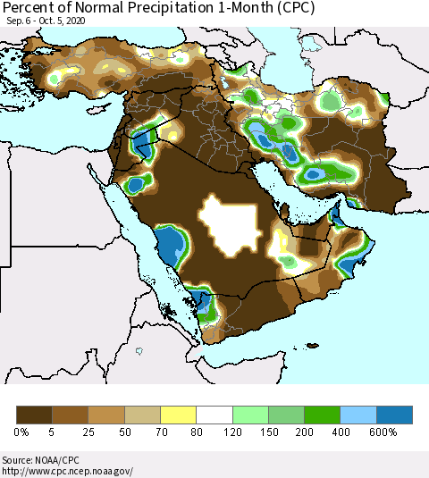 Middle East and Turkey Percent of Normal Precipitation 1-Month (CPC) Thematic Map For 9/6/2020 - 10/5/2020