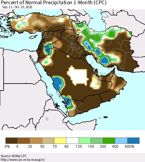 Middle East and Turkey Percent of Normal Precipitation 1-Month (CPC) Thematic Map For 9/11/2020 - 10/10/2020