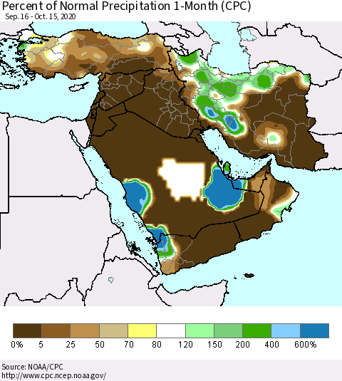 Middle East and Turkey Percent of Normal Precipitation 1-Month (CPC) Thematic Map For 9/16/2020 - 10/15/2020