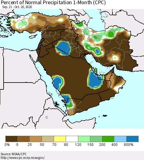 Middle East and Turkey Percent of Normal Precipitation 1-Month (CPC) Thematic Map For 9/21/2020 - 10/20/2020