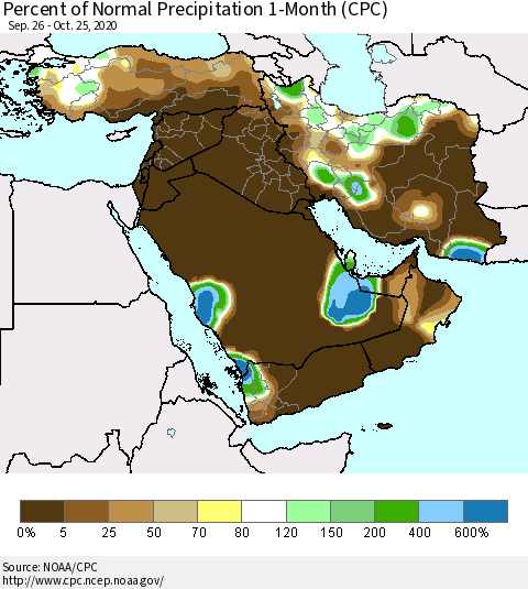 Middle East and Turkey Percent of Normal Precipitation 1-Month (CPC) Thematic Map For 9/26/2020 - 10/25/2020