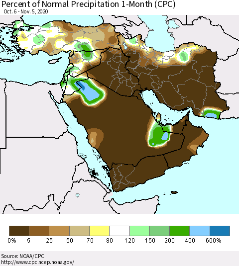 Middle East and Turkey Percent of Normal Precipitation 1-Month (CPC) Thematic Map For 10/6/2020 - 11/5/2020