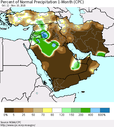 Middle East and Turkey Percent of Normal Precipitation 1-Month (CPC) Thematic Map For 10/11/2020 - 11/10/2020