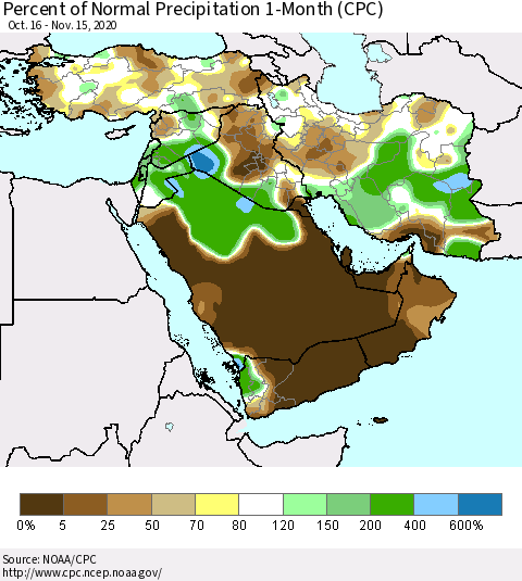 Middle East and Turkey Percent of Normal Precipitation 1-Month (CPC) Thematic Map For 10/16/2020 - 11/15/2020