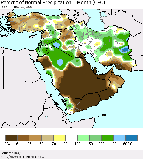 Middle East and Turkey Percent of Normal Precipitation 1-Month (CPC) Thematic Map For 10/26/2020 - 11/25/2020