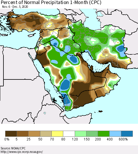 Middle East and Turkey Percent of Normal Precipitation 1-Month (CPC) Thematic Map For 11/6/2020 - 12/5/2020
