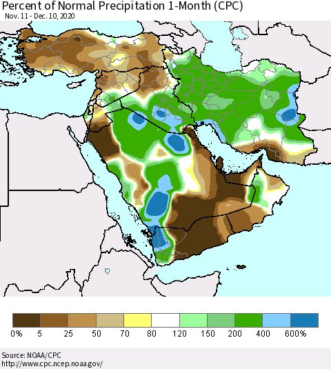 Middle East and Turkey Percent of Normal Precipitation 1-Month (CPC) Thematic Map For 11/11/2020 - 12/10/2020