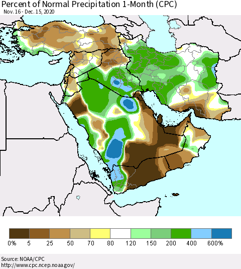 Middle East and Turkey Percent of Normal Precipitation 1-Month (CPC) Thematic Map For 11/16/2020 - 12/15/2020