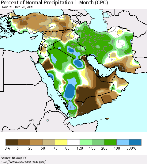 Middle East and Turkey Percent of Normal Precipitation 1-Month (CPC) Thematic Map For 11/21/2020 - 12/20/2020